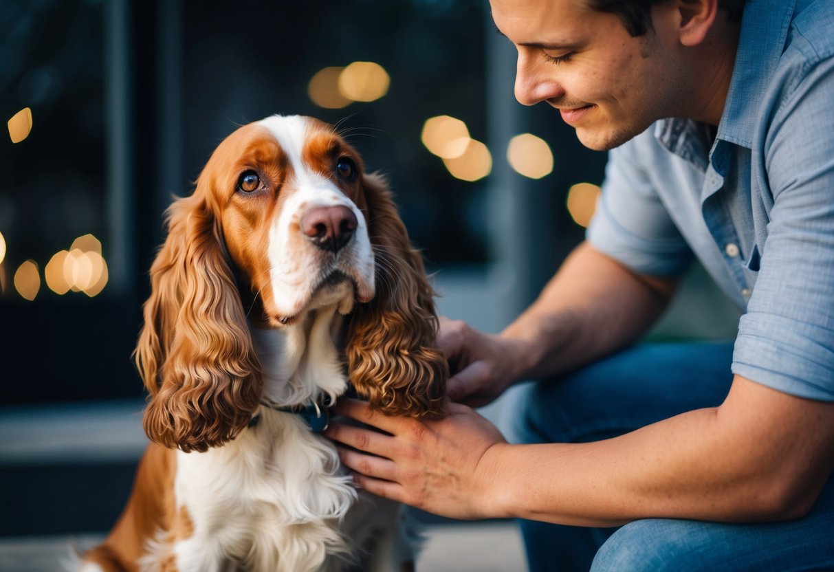 A Cocker Spaniel sits beside a person, gazing up at them with adoring eyes, while the person pets the dog's soft fur