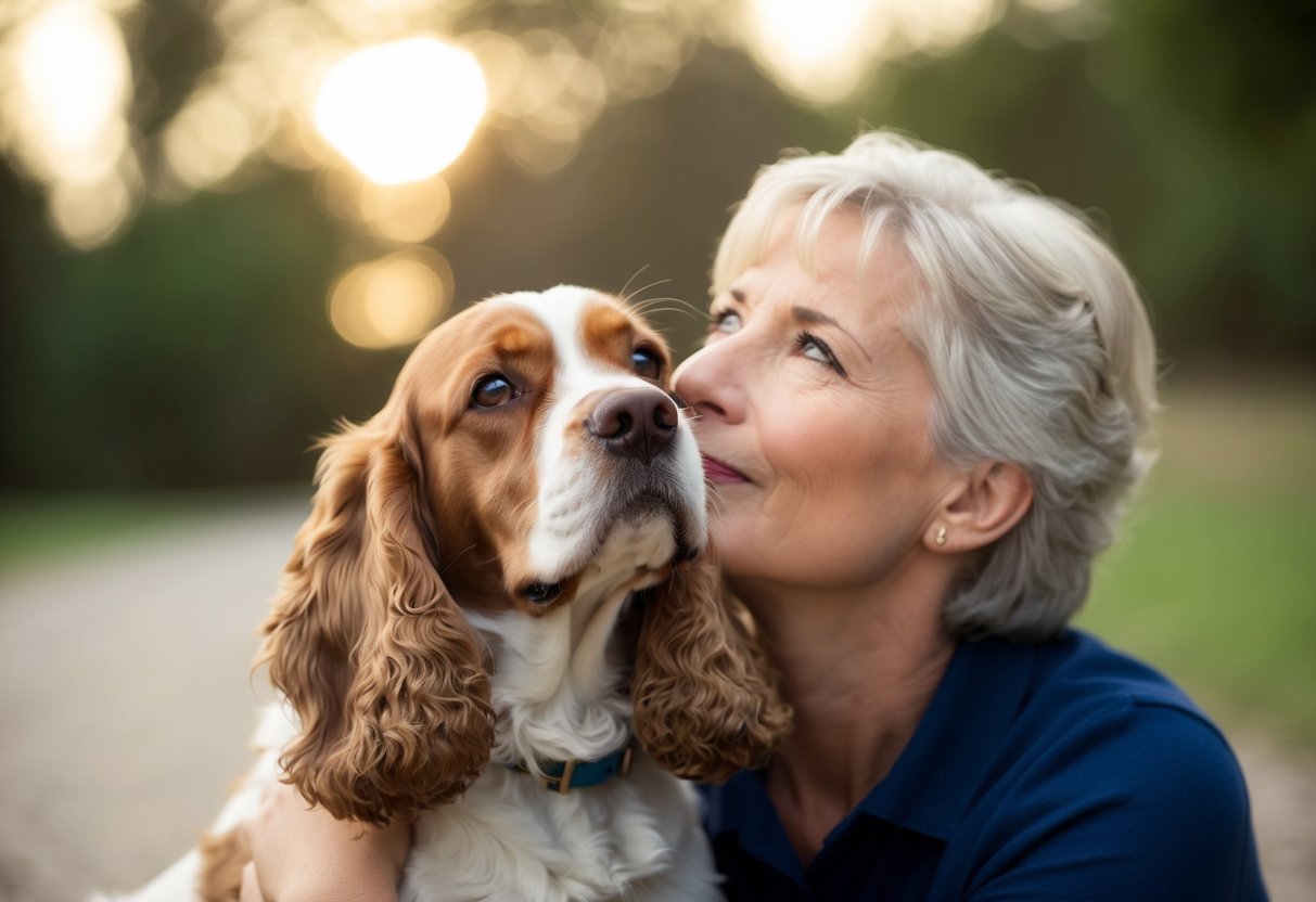 A cocker spaniel snuggles with its owner, gazing up with adoration