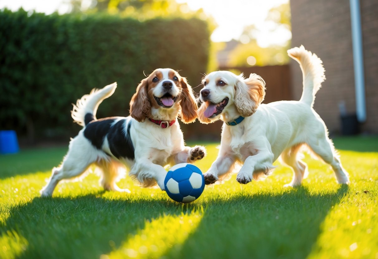 Two cocker spaniels playing fetch with their owner in a sunny backyard, tails wagging and tongues lolling in happiness