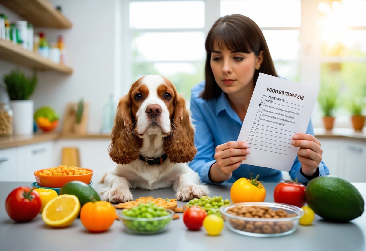 A cocker spaniel surrounded by foods they cannot eat, with a concerned owner holding a list of prohibited items