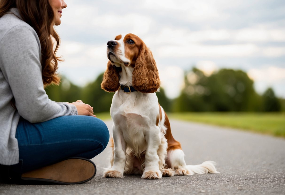A cocker spaniel sitting devotedly at the feet of its owner, gazing up with adoring eyes
