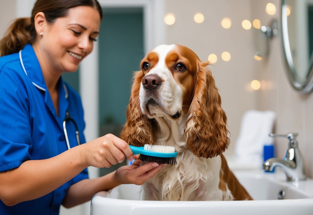 A cocker spaniel being brushed, bathed, and fed by a caretaker