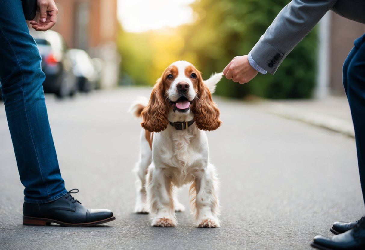A smiling cocker spaniel approaches a stranger, wagging its tail eagerly