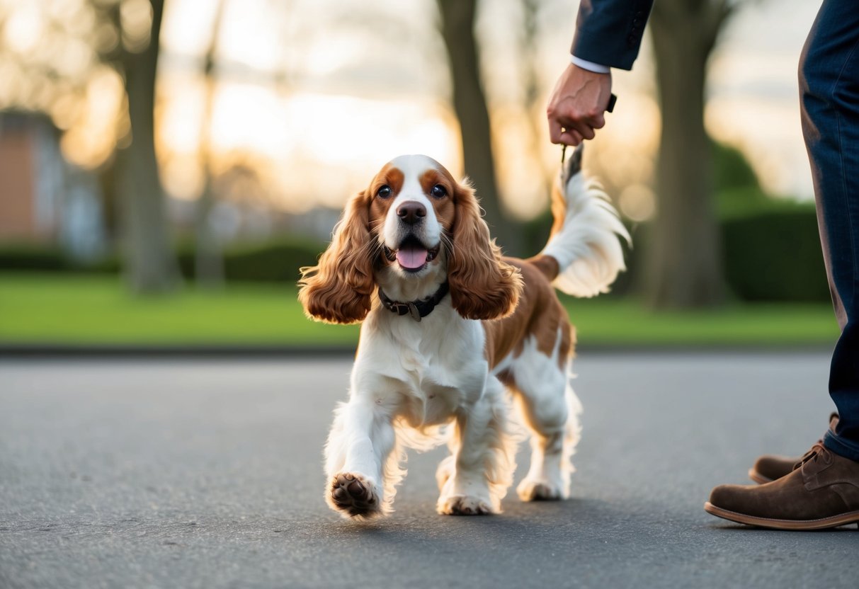 A cocker spaniel wagging its tail and approaching a stranger with a friendly and curious expression