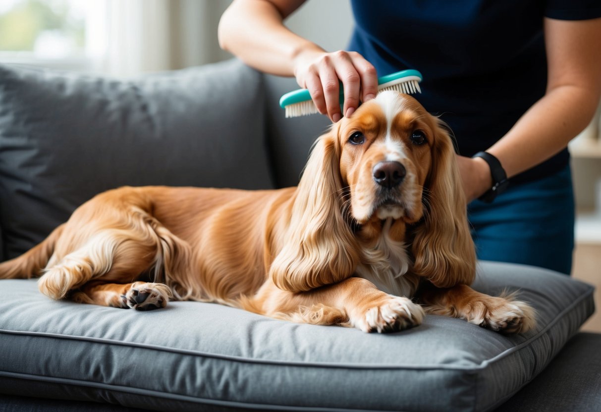 A person grooming a content Cocker Spaniel, brushing its long, silky fur while the dog relaxes on a comfortable cushion