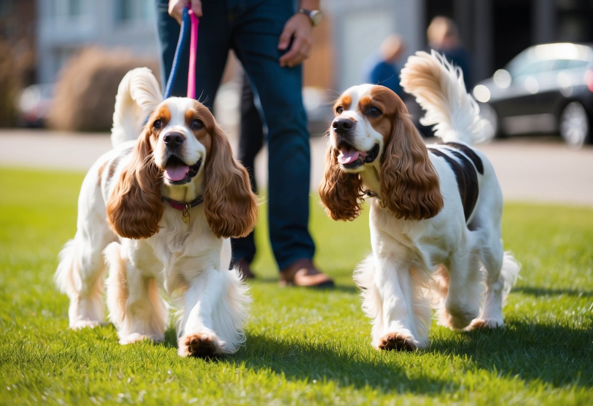 Two cocker spaniels approach a stranger with wagging tails and friendly expressions, their well-groomed coats shining in the sunlight