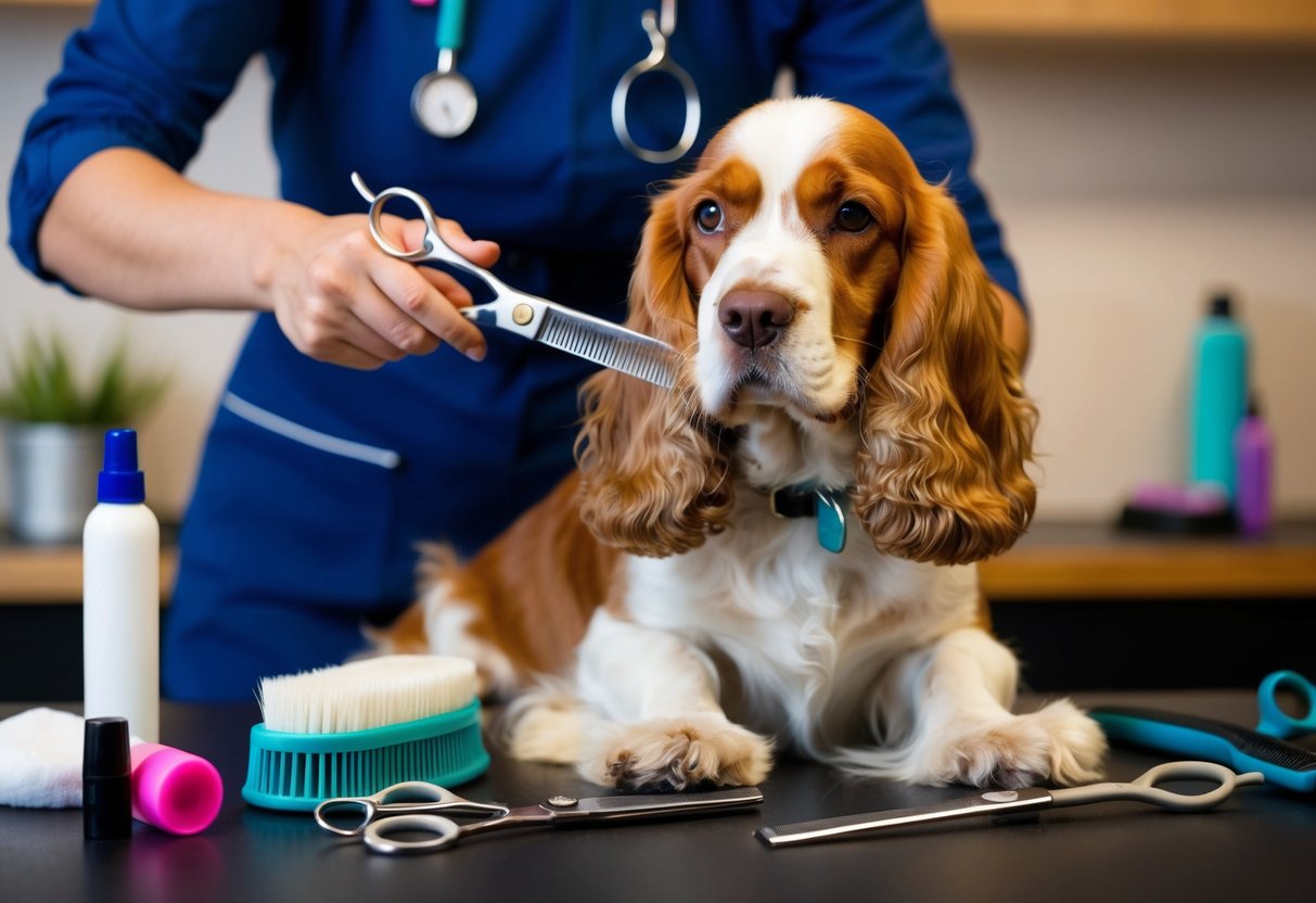 A cocker spaniel being groomed with a brush and trimmed with scissors, surrounded by grooming tools and products