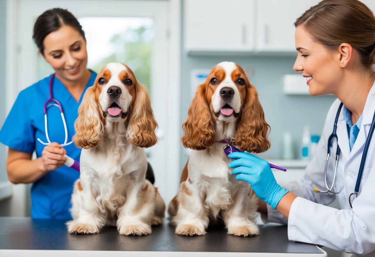 Two cocker spaniels enjoying a grooming session at a vet clinic, with a vet checking their health and discussing management with the owner