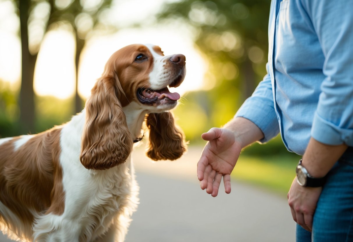 A happy cocker spaniel approaches a smiling stranger with a wagging tail and a friendly expression
