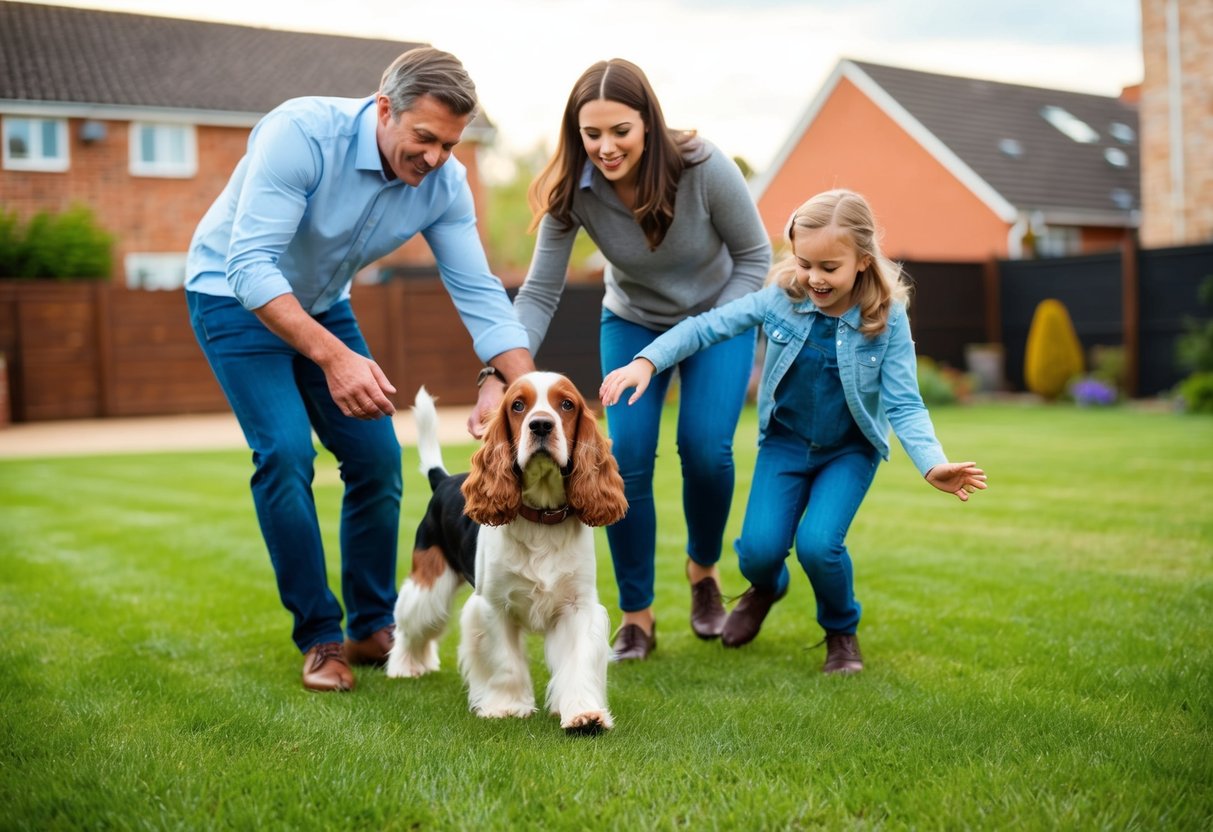 A family playing with a cocker spaniel in a spacious backyard, showing the breed's friendly and playful nature
