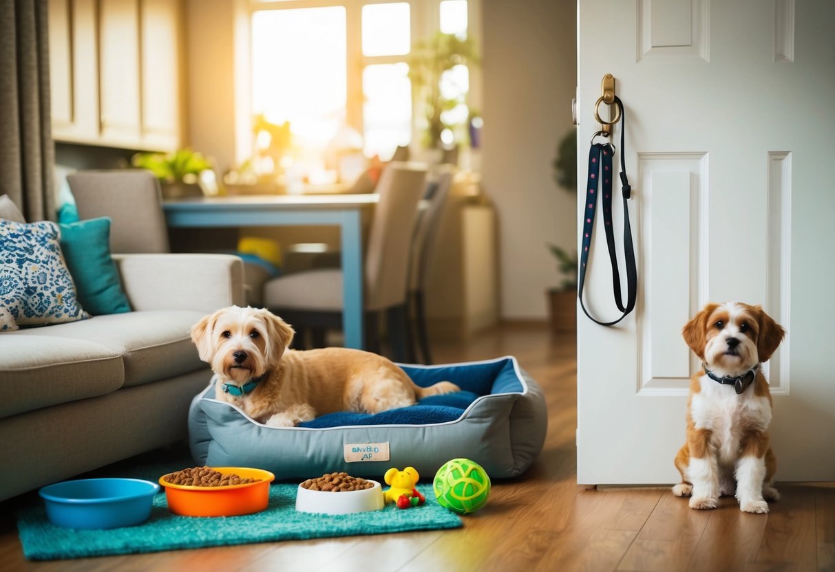 A cozy living room with a dog bed, toys, food bowls, and grooming supplies. A leash and collar hang from a hook by the door