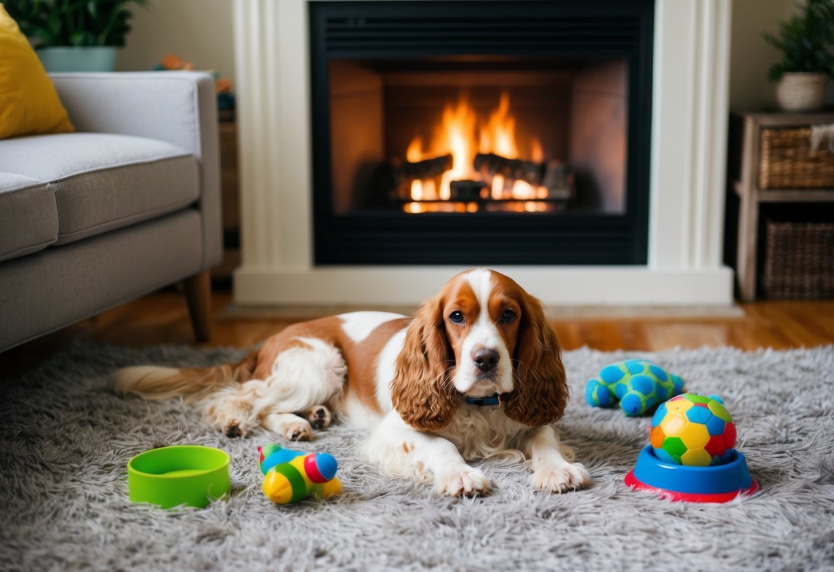 A cozy living room with a cocker spaniel lounging on a plush rug by a crackling fireplace, surrounded by toys and a water bowl