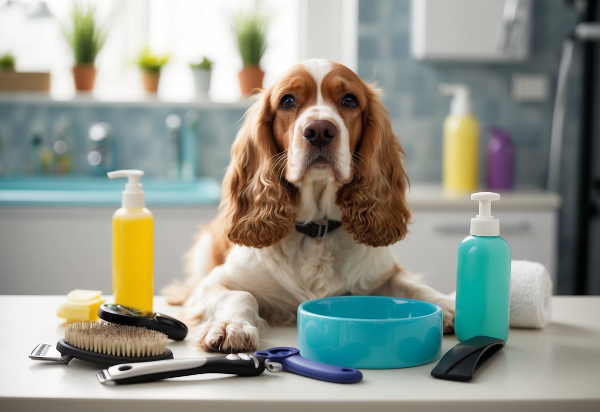 A cocker spaniel surrounded by grooming tools and health essentials, such as a brush, nail clippers, shampoo, and a water bowl