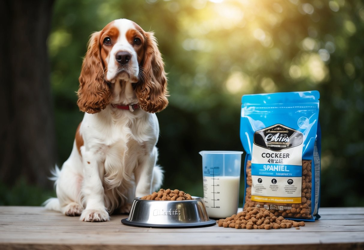 A cocker spaniel stands beside a full food bowl, a measuring cup, and a bag of dog food, with a thoughtful expression