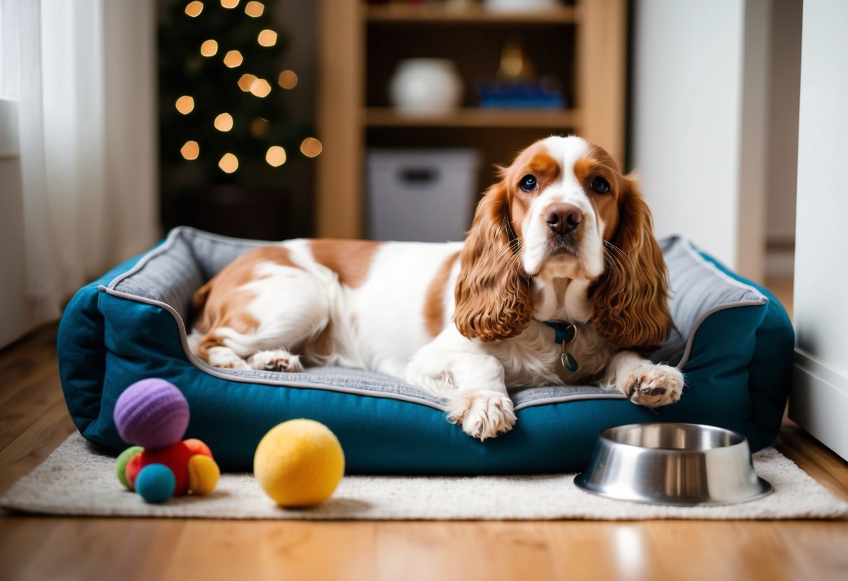 A Cocker Spaniel lounges on a cozy indoor dog bed, surrounded by toys and a water bowl. The dog looks content and relaxed, enjoying the comfort of being inside