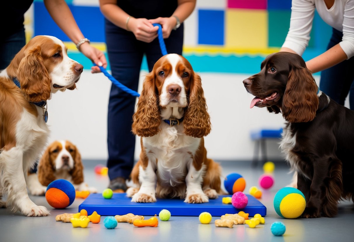 A cocker spaniel sitting calmly during a training session, surrounded by various toys and treats. Other dogs and people are present for socialization