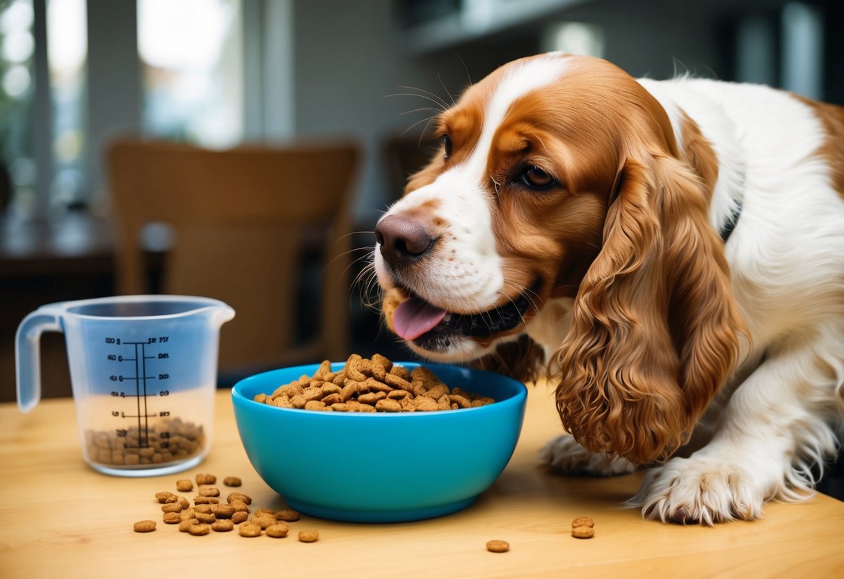 A Cocker Spaniel eagerly eats from a bowl of kibble, with a measuring cup nearby. The dog's tail wags as it enjoys its meal