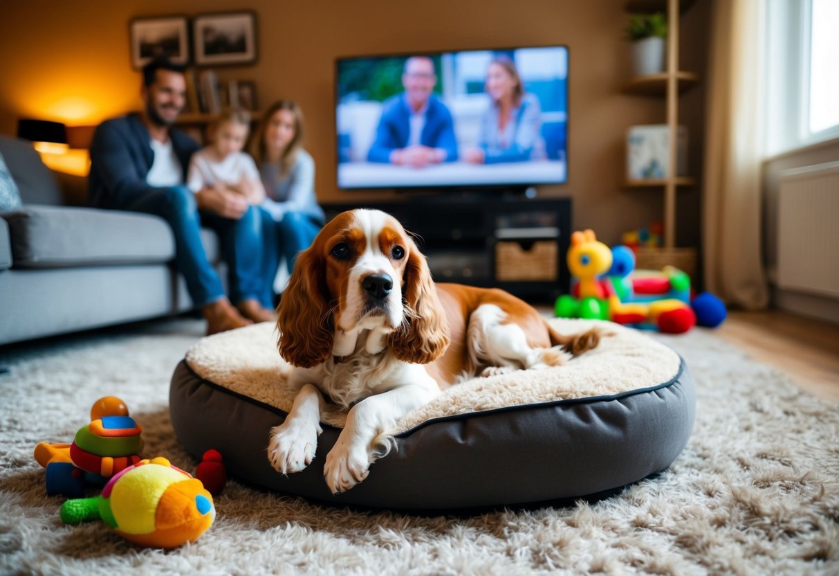 A cozy living room with a cocker spaniel resting on a plush rug, surrounded by toys and a family watching TV