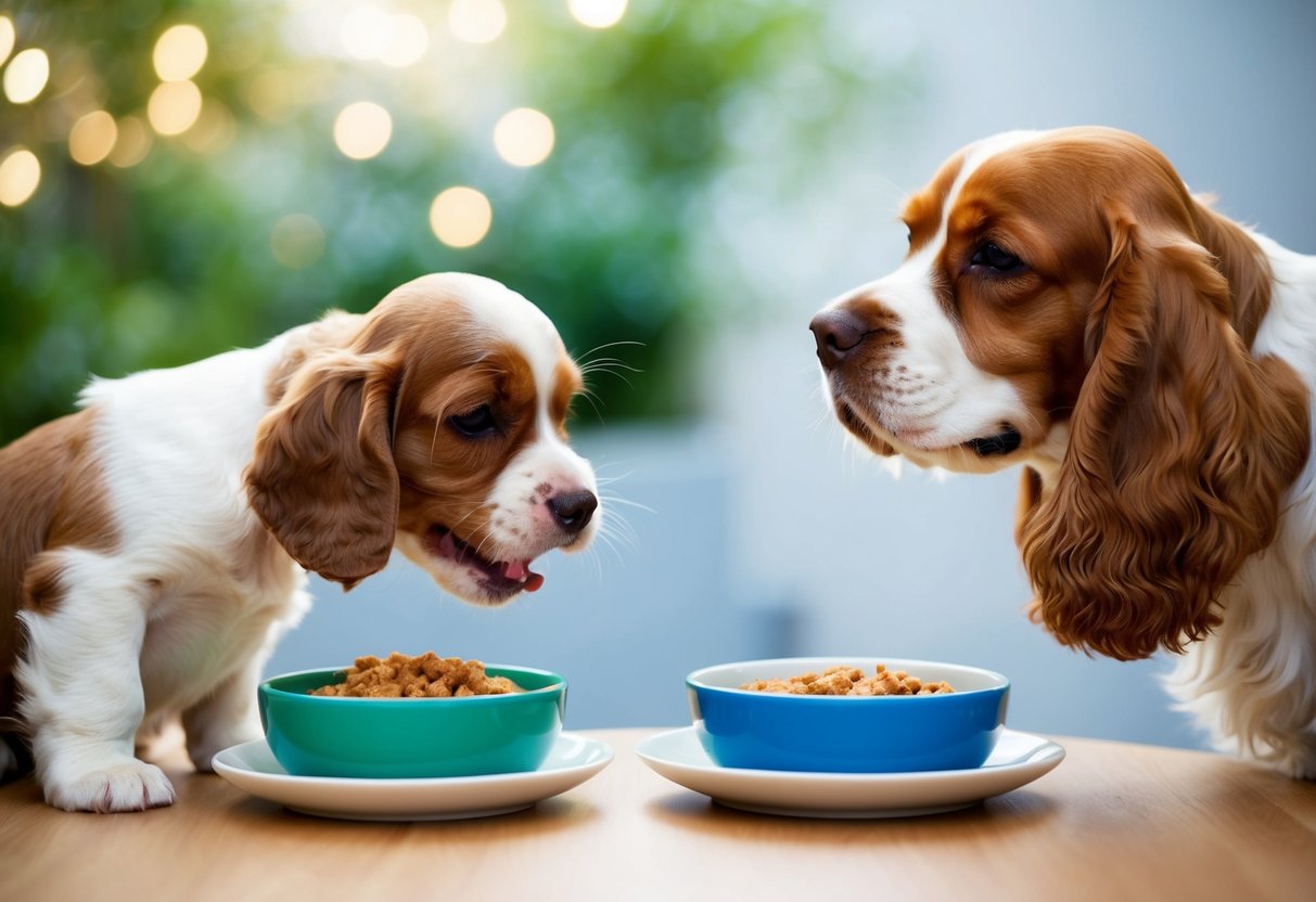 A cocker spaniel puppy eagerly eats from a small bowl, while an adult cocker spaniel enjoys a meal from a larger bowl