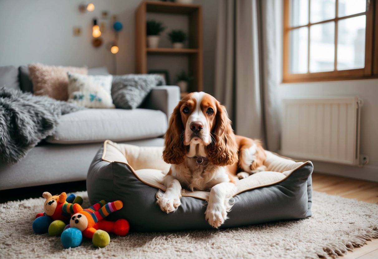 A cozy apartment with a cocker spaniel lounging on a plush rug, surrounded by toys and a comfortable bed. The windows are open, letting in natural light