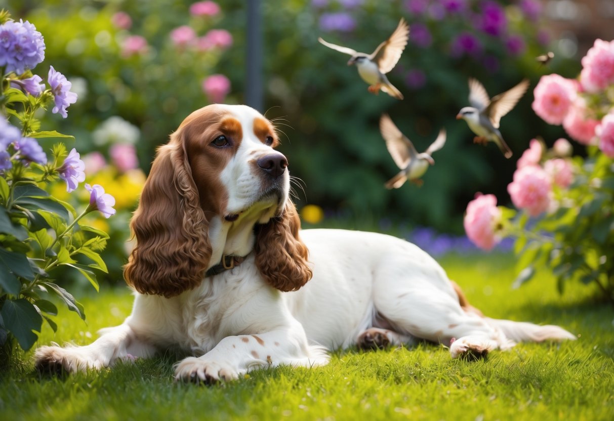 A cocker spaniel lounges peacefully in a sunlit garden, surrounded by blooming flowers and chirping birds