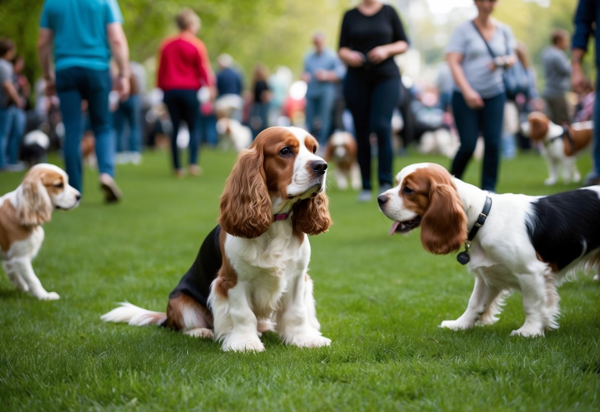 A cocker spaniel calmly sits in the middle of a crowded park, surrounded by other dogs and people. Its tail wags gently as it interacts peacefully with its surroundings