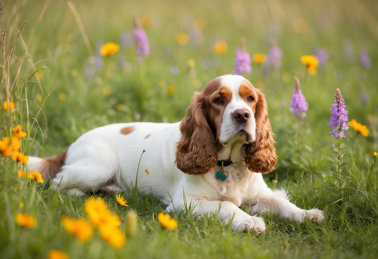 A cocker spaniel lounges in a peaceful meadow, surrounded by colorful flowers and gently swaying grass. The dog's relaxed posture exudes calmness and contentment