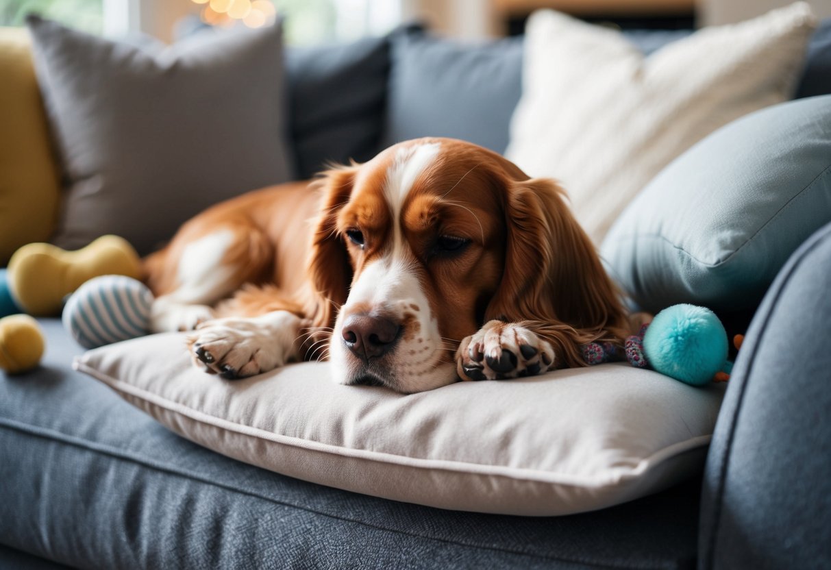 A cocker spaniel lying peacefully in a cozy living room, surrounded by soft pillows and toys, with a serene expression on its face