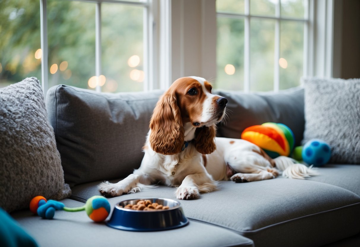 A Cocker Spaniel lounges on a cozy couch, surrounded by toys and a food bowl. The dog gazes out the window, tail wagging happily