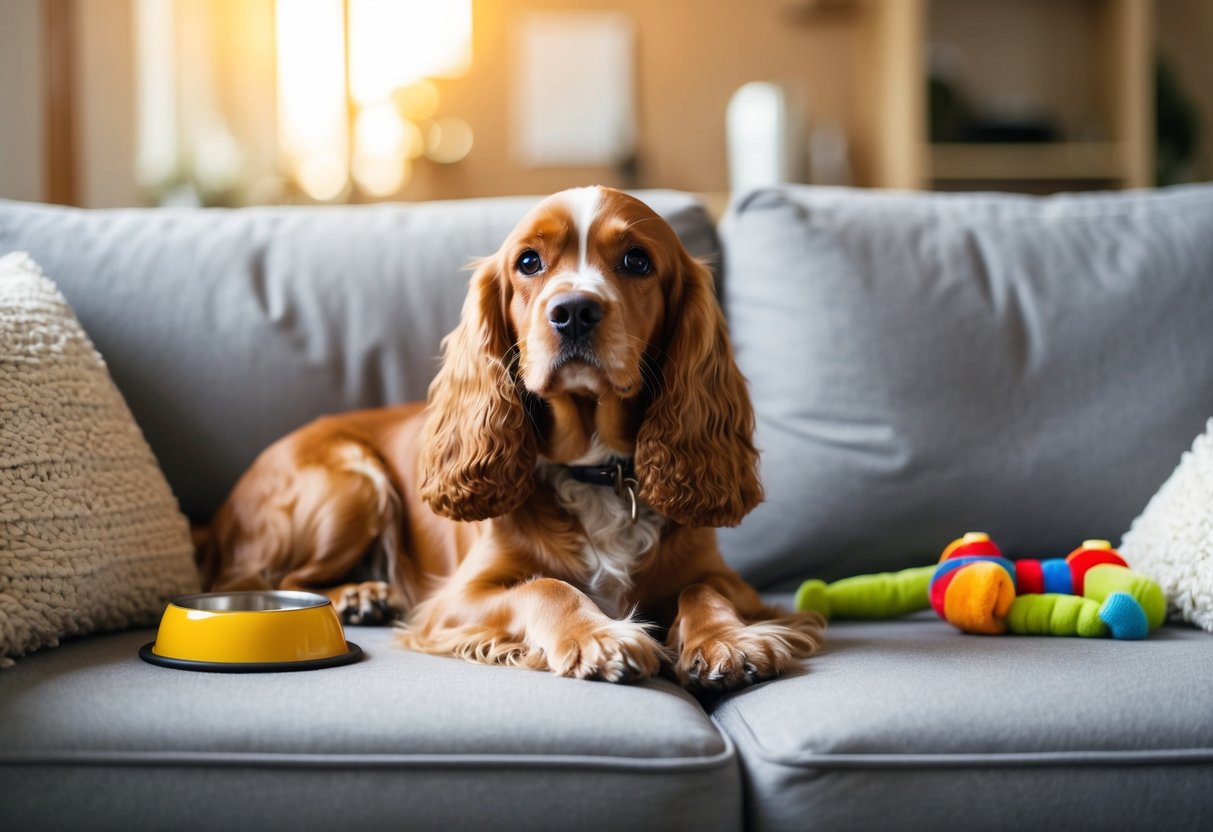 A Cocker Spaniel lounges on a cozy couch, surrounded by toys and a food bowl. Its wagging tail shows happiness and contentment