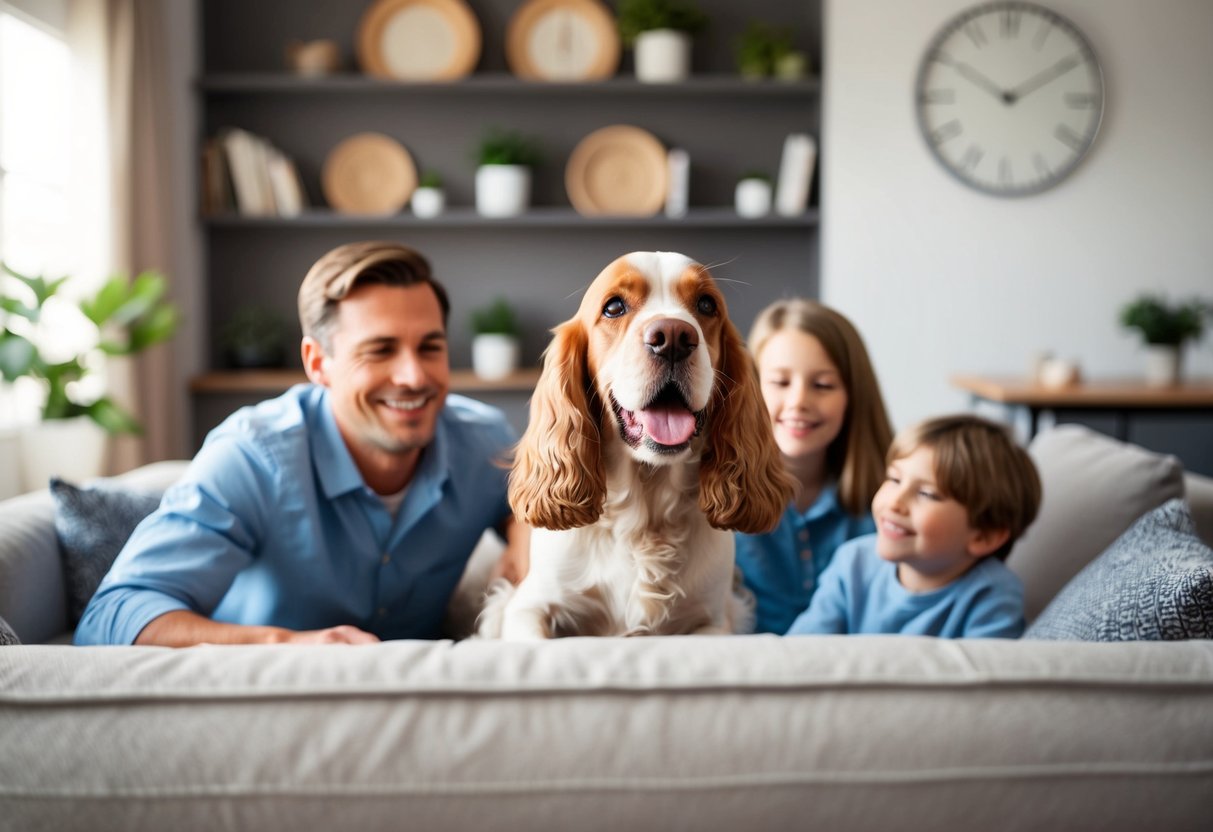 A happy cocker spaniel playing with a family in a cozy living room