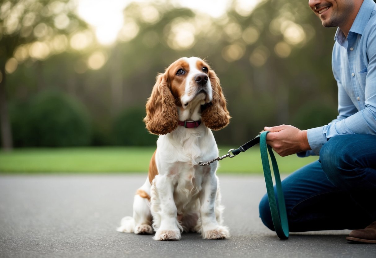 A cocker spaniel sits obediently at the feet of its owner, gazing up with adoring eyes. The owner smiles, holding a leash