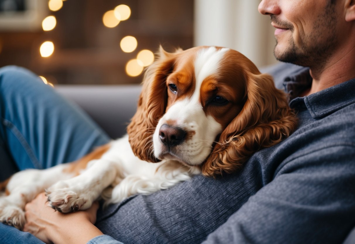 A cocker spaniel lounges on a cozy lap, nuzzling against its owner's chest with a contented expression