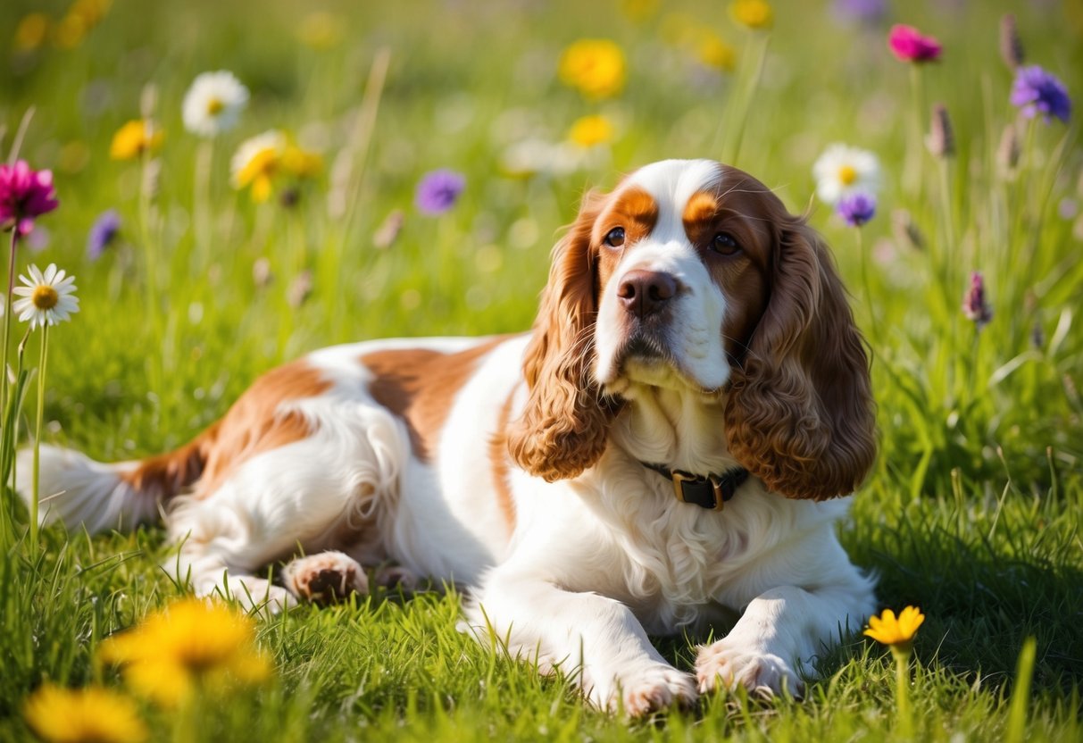 A cocker spaniel lies peacefully in a sunlit meadow, surrounded by colorful flowers and tall grass. Its relaxed expression conveys a sense of contentment and calmness