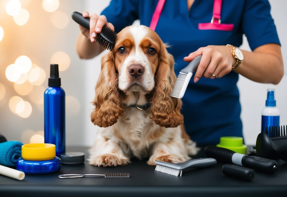 A Cocker Spaniel being groomed and brushed by a professional, surrounded by various grooming tools and products