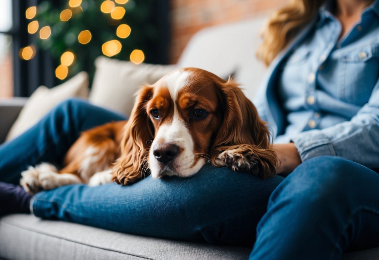 A cocker spaniel sits comfortably on a person's lap, looking content and relaxed
