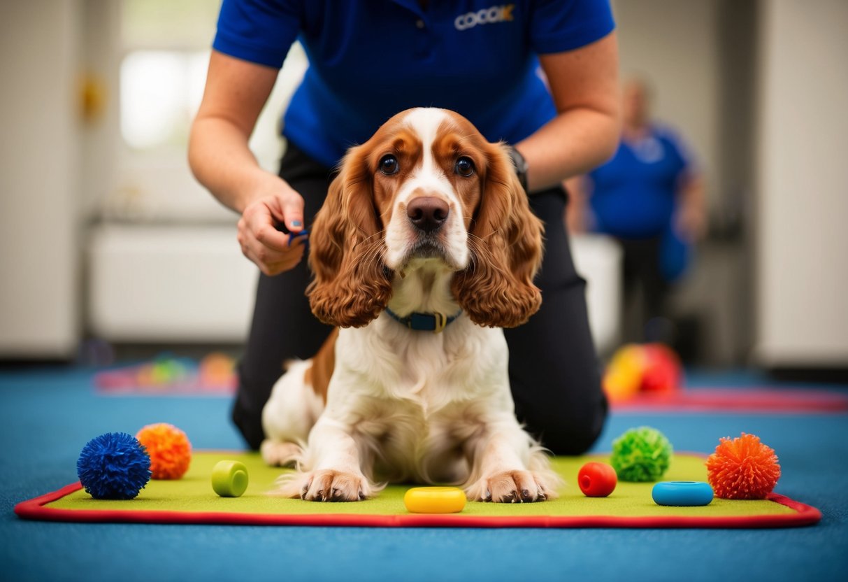 A cocker spaniel sits attentively during a training session, surrounded by toys and treats. Its ears perk up as it listens to the trainer's commands