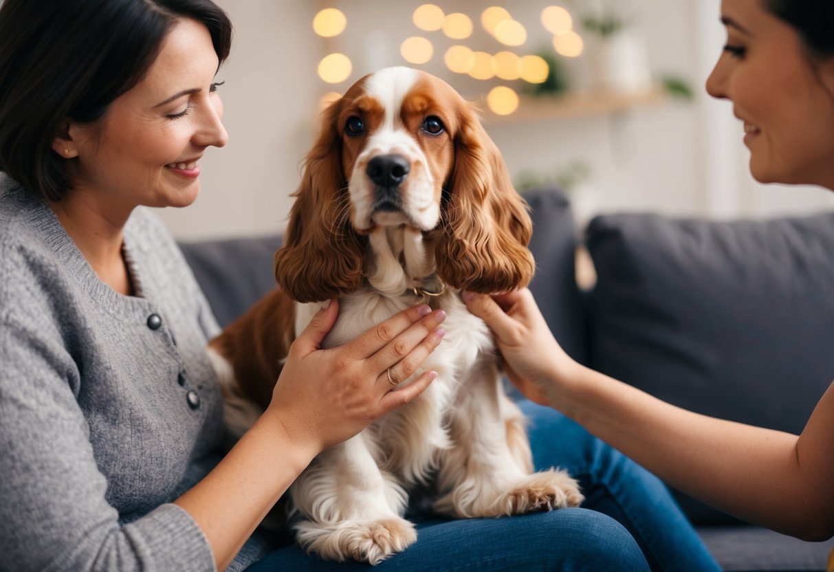 A Cocker Spaniel sits on a cozy lap, receiving gentle pats and praise from its owner. The dog's tail wags happily as it looks up with adoring eyes