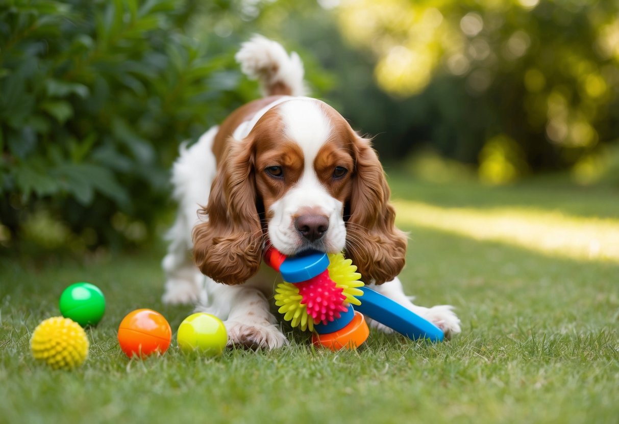 A cocker spaniel plays with a variety of stimulating toys in a peaceful, nature-filled setting, showing signs of mental and physical enrichment