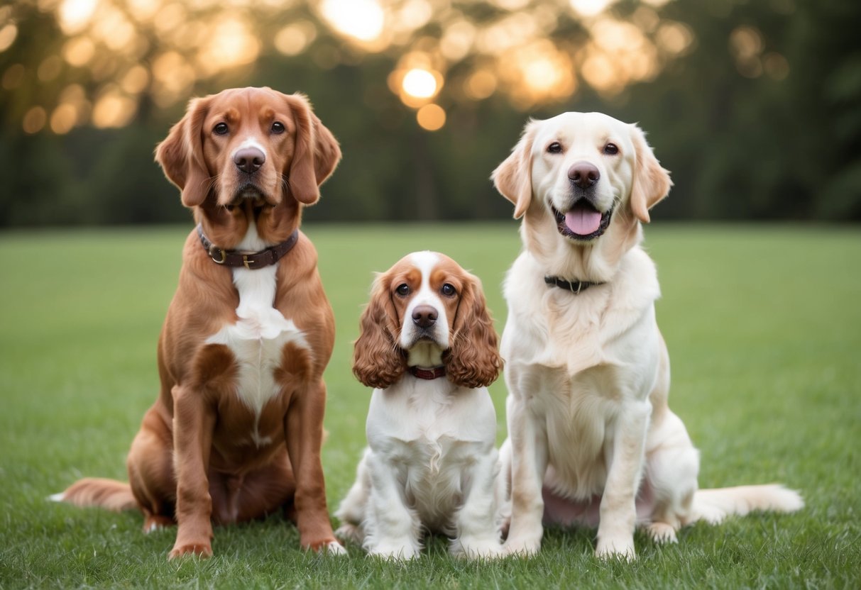 A Cocker Spaniel sits next to a larger breed, such as a Labrador or Golden Retriever, showcasing their size difference