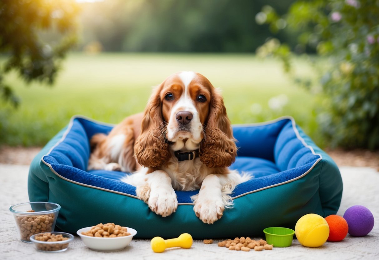 A cocker spaniel lying peacefully on a cozy dog bed, surrounded by healthy food and toys, with a serene outdoor scene in the background