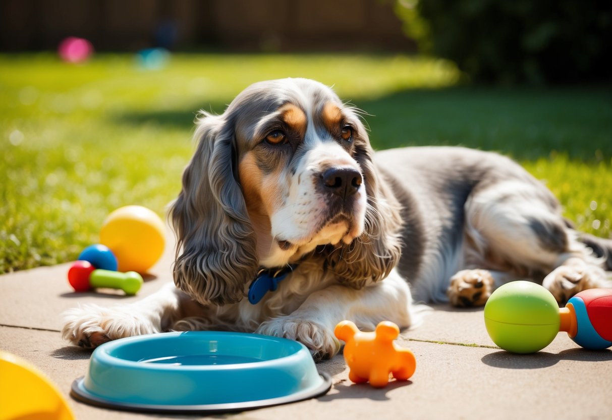 A cocker spaniel lounges in a sun-drenched backyard, surrounded by toys and a water dish. The dog's graying muzzle and relaxed posture convey a sense of contentment and wisdom