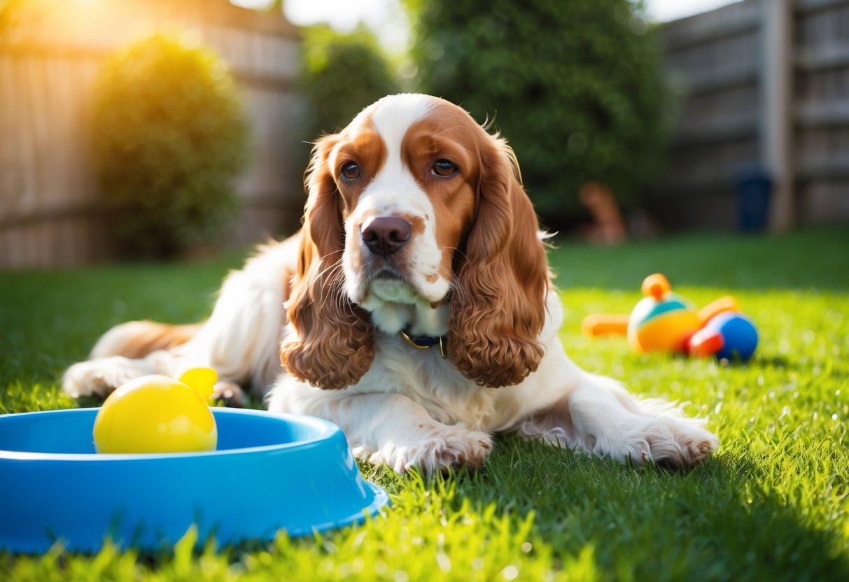 A cocker spaniel lounges in a sunlit backyard, surrounded by toys and a water bowl. Its coat is shiny and well-groomed, and it looks content and healthy