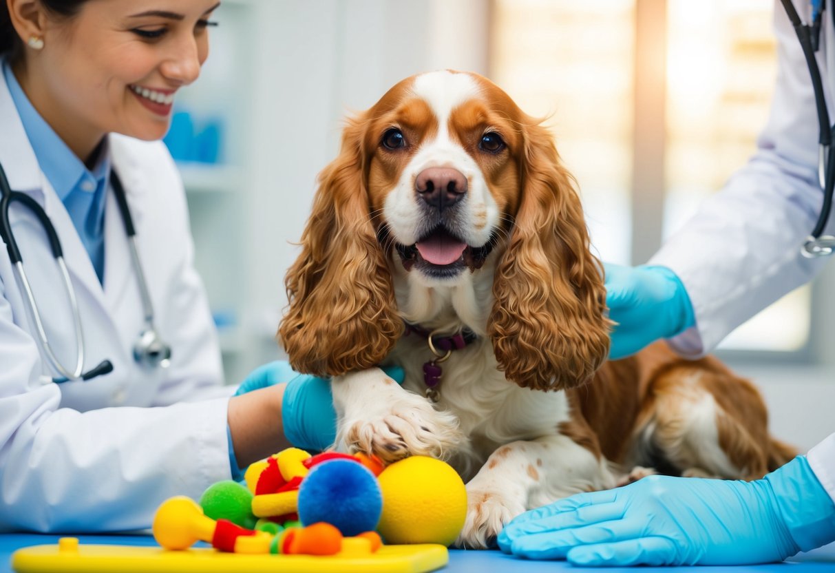 A happy cocker spaniel playing with toys and receiving care from a veterinarian