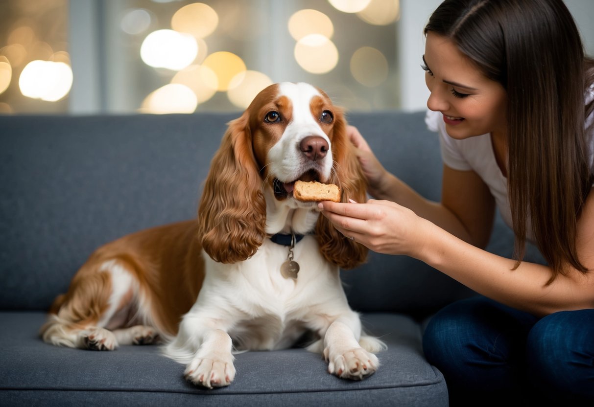 A cocker sits quietly with a treat in its mouth, while a person gently pets its head