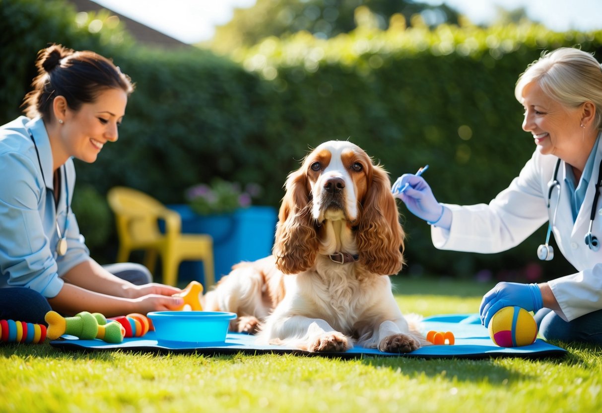 A Cocker Spaniel lounges in a sunlit garden, surrounded by toys and a water bowl. A vet administers a check-up, while the owner smiles nearby