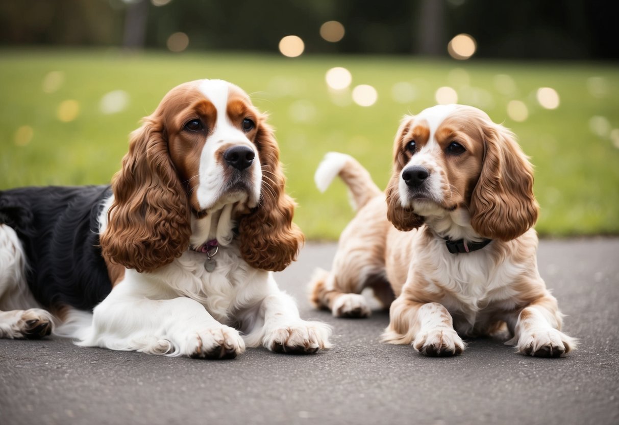 A calm cocker spaniel lounges peacefully while a playful cockapoo frolics nearby