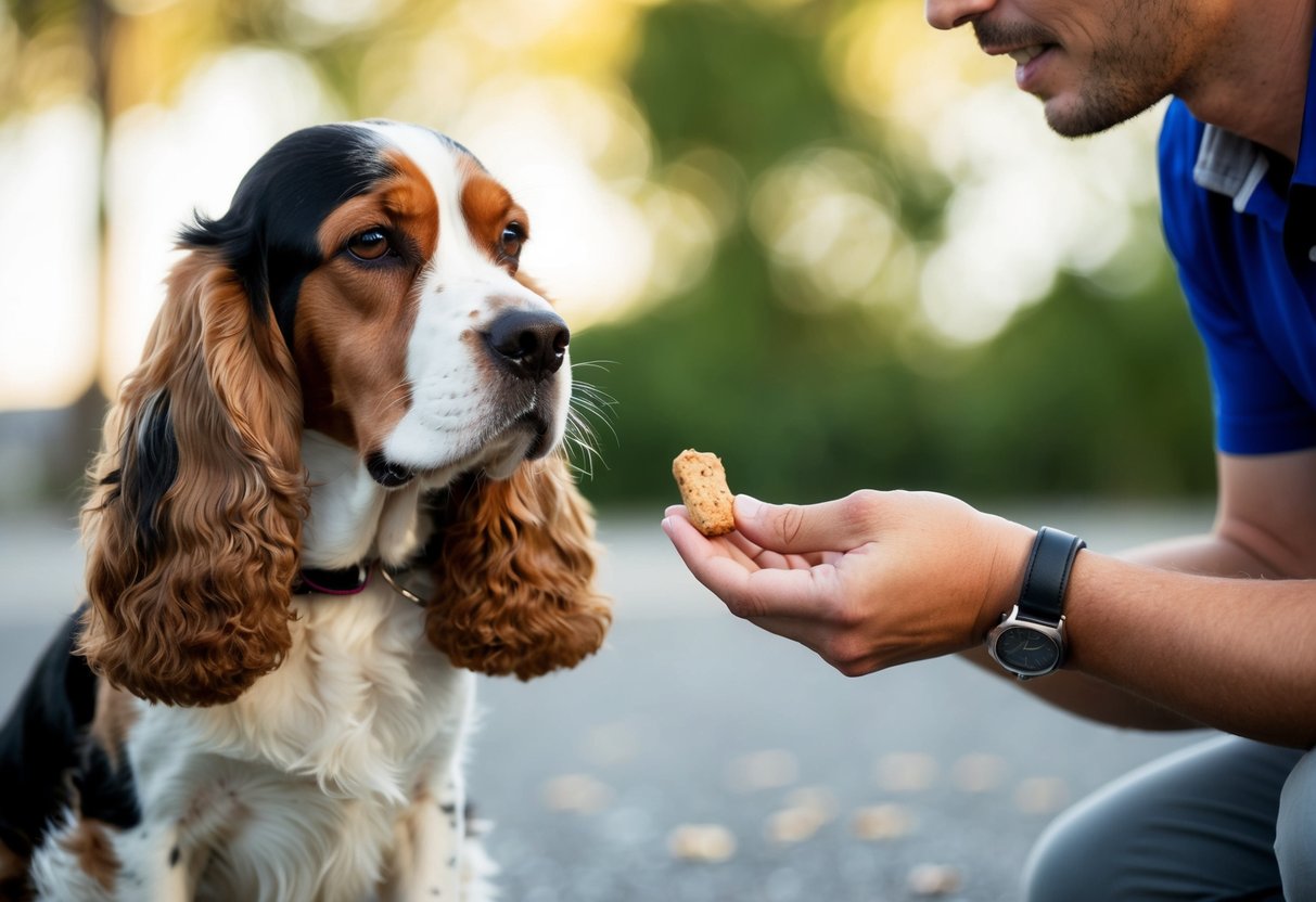 A cocker spaniel sits quietly on command, ears perked and tail wagging, as the trainer holds a treat in hand