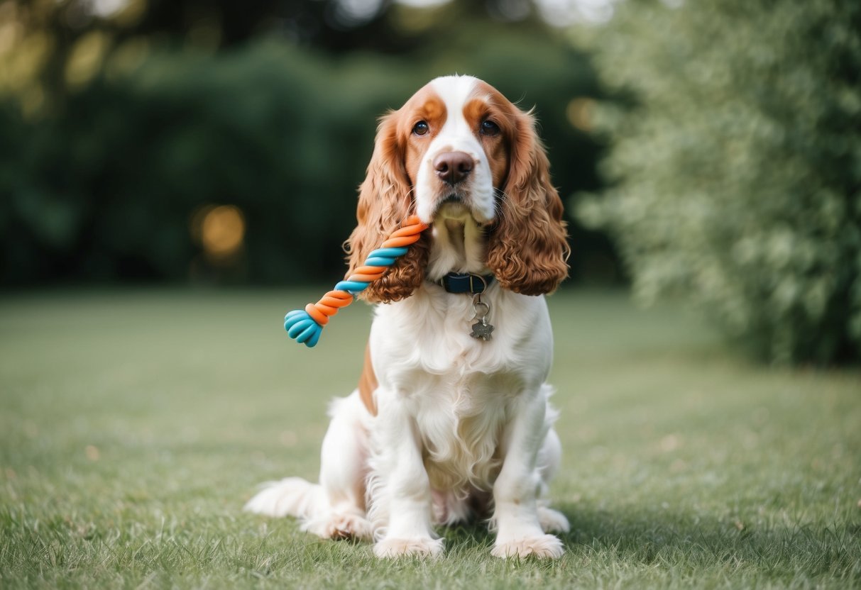 A calm, contented cocker spaniel sitting quietly with a chew toy, surrounded by a peaceful environment with greenery and natural light