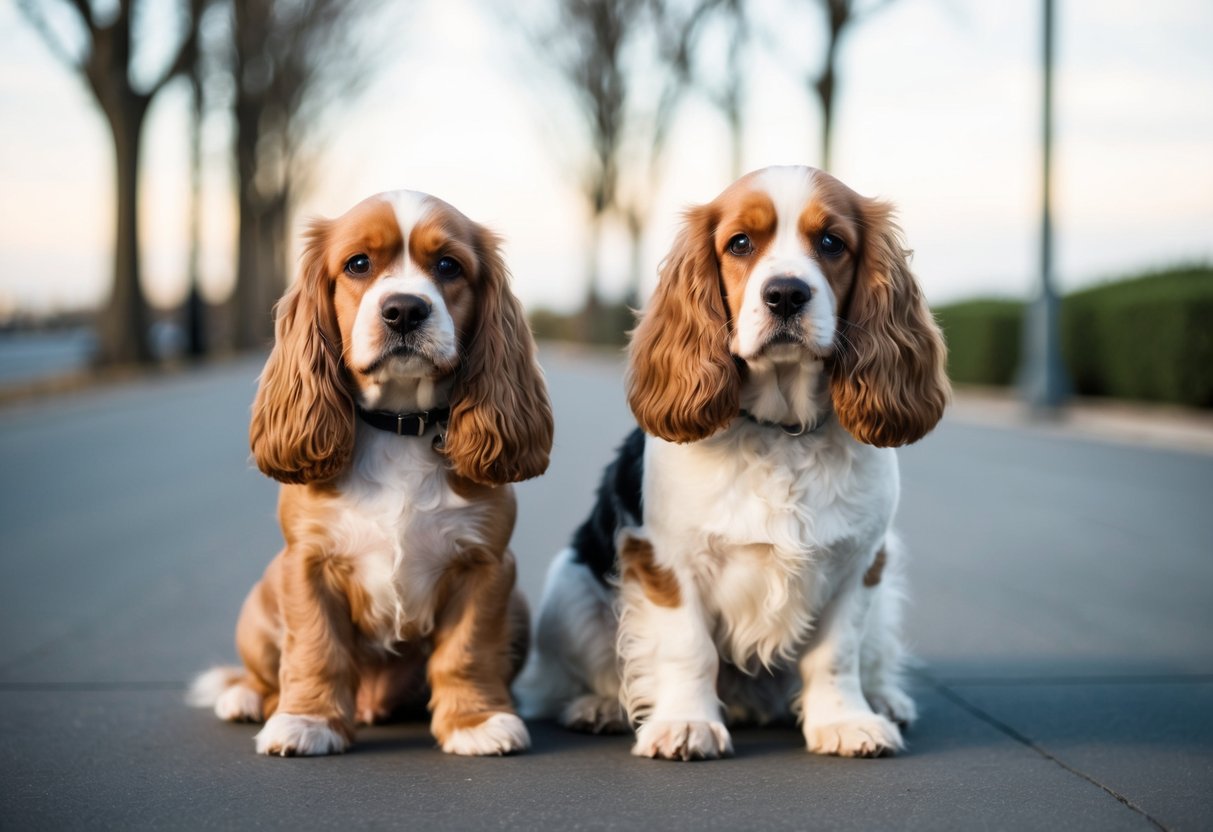 Two dogs, one cocker spaniel and one cockapoo, sitting side by side. The cocker spaniel appears calmer, with a relaxed posture and gentle expression, while the cockapoo seems more energetic, with a wagging tail and alert stance